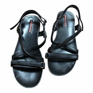 Black Patent PRADA Linea Rossa Strappy Wedge Sandals